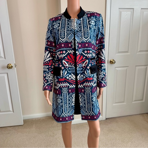 Bohemian Velvet Trim Long Blazer Tribal Print Native Indie Colorful Floryday Med - Picture 7 of 9